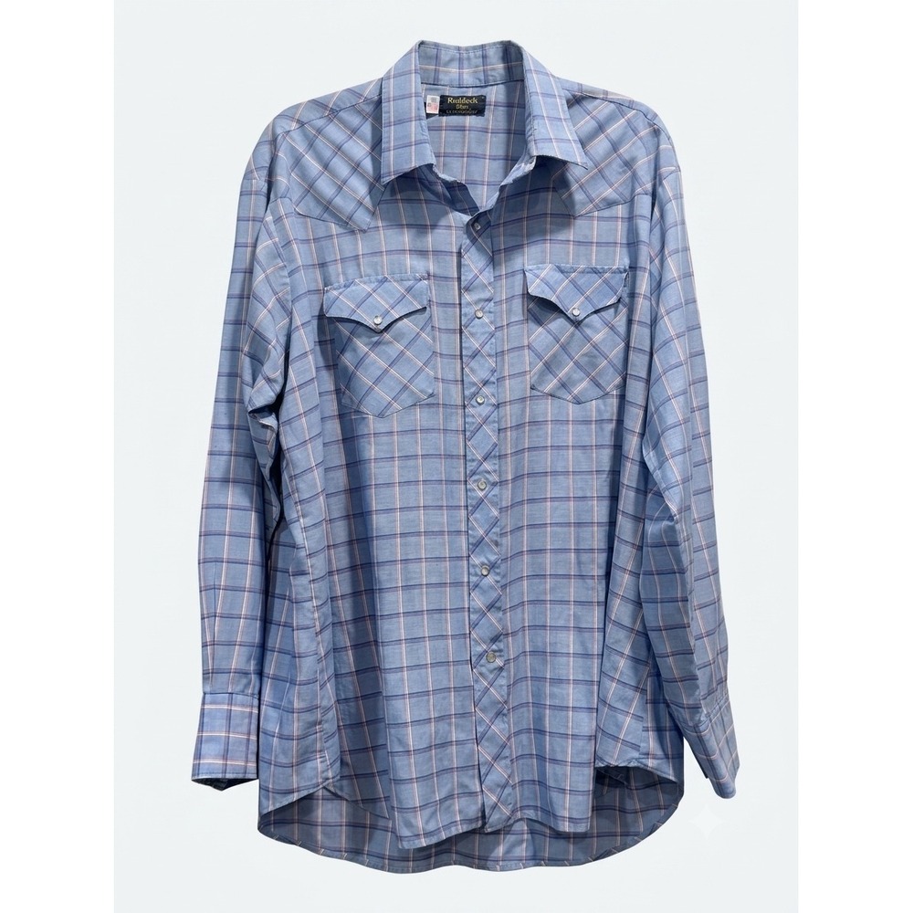 Vintage Ruddock Bros Western Pearl Snap Shirt Blue Plaid‎ Made in USA Mens Large
